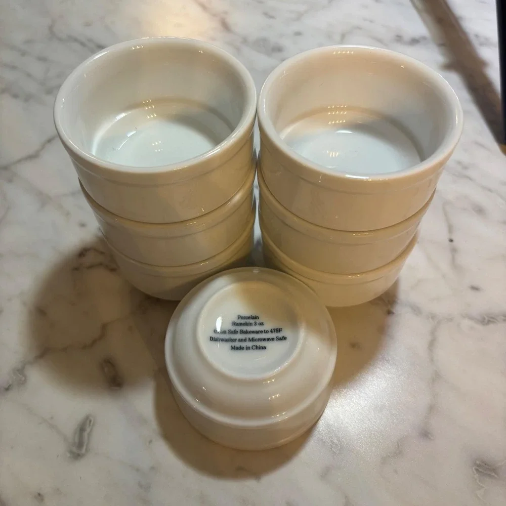 White Porcelain Ramekins 3oz Set of 7 Oven Safe Bakeware Souffle Dishes